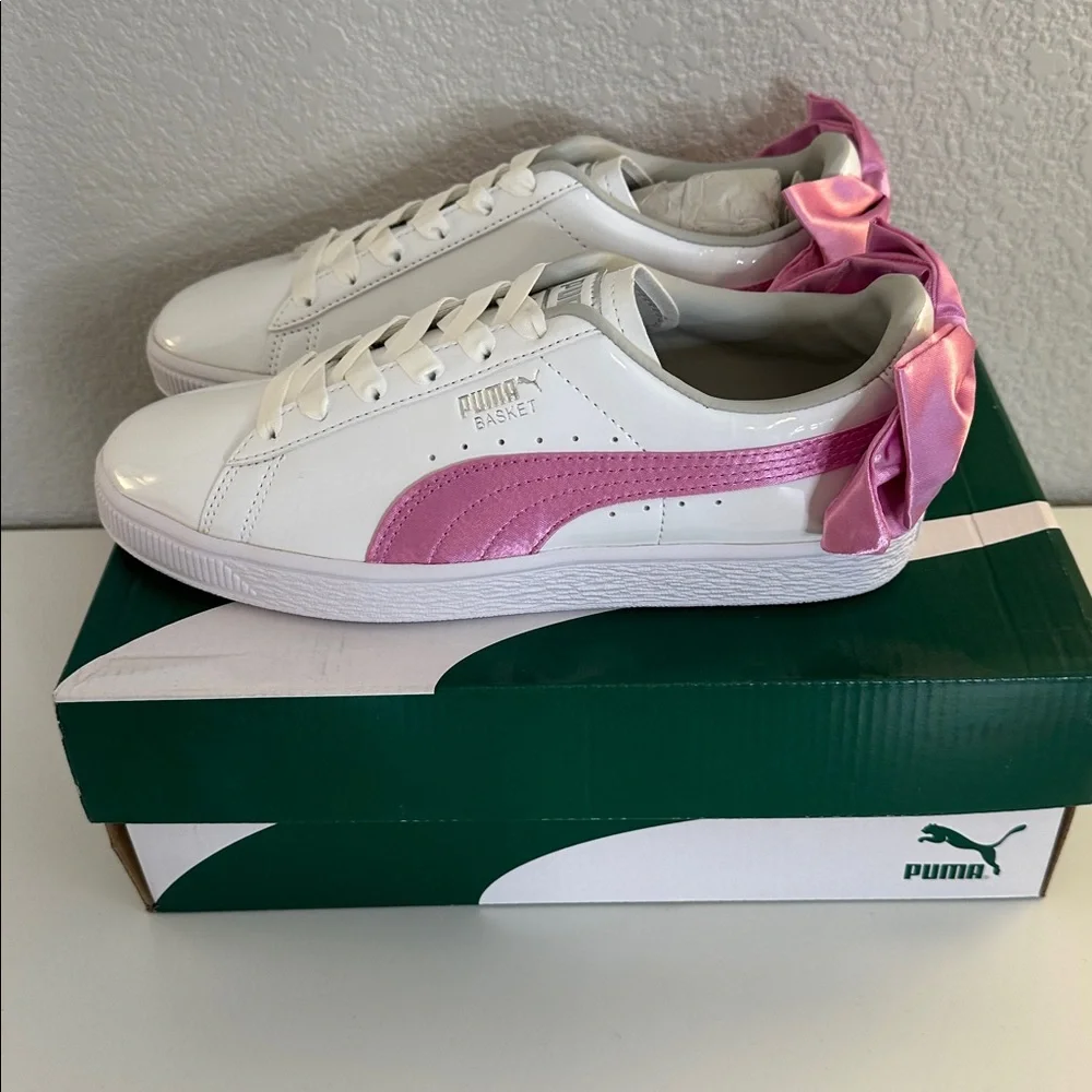 Puma Basket Low Varsity Bow Shoes Patent Leather White Orchid Gray Junior Size 5